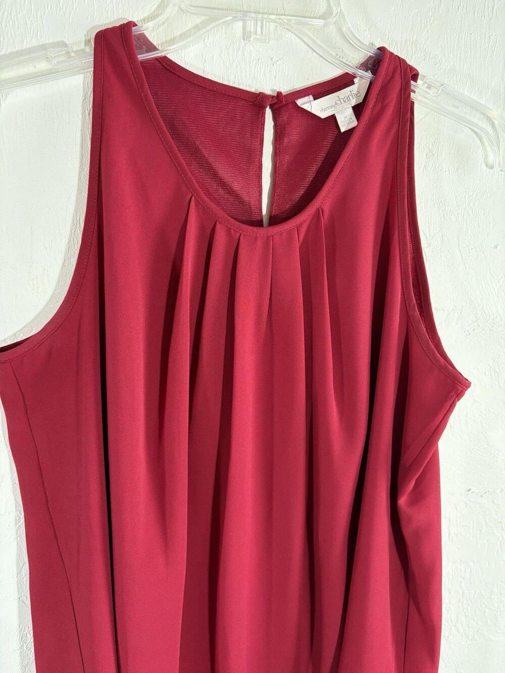 Charming Charlie Women Burgandy White Tunic Pleated Neck Blouse Lined Sz Medium